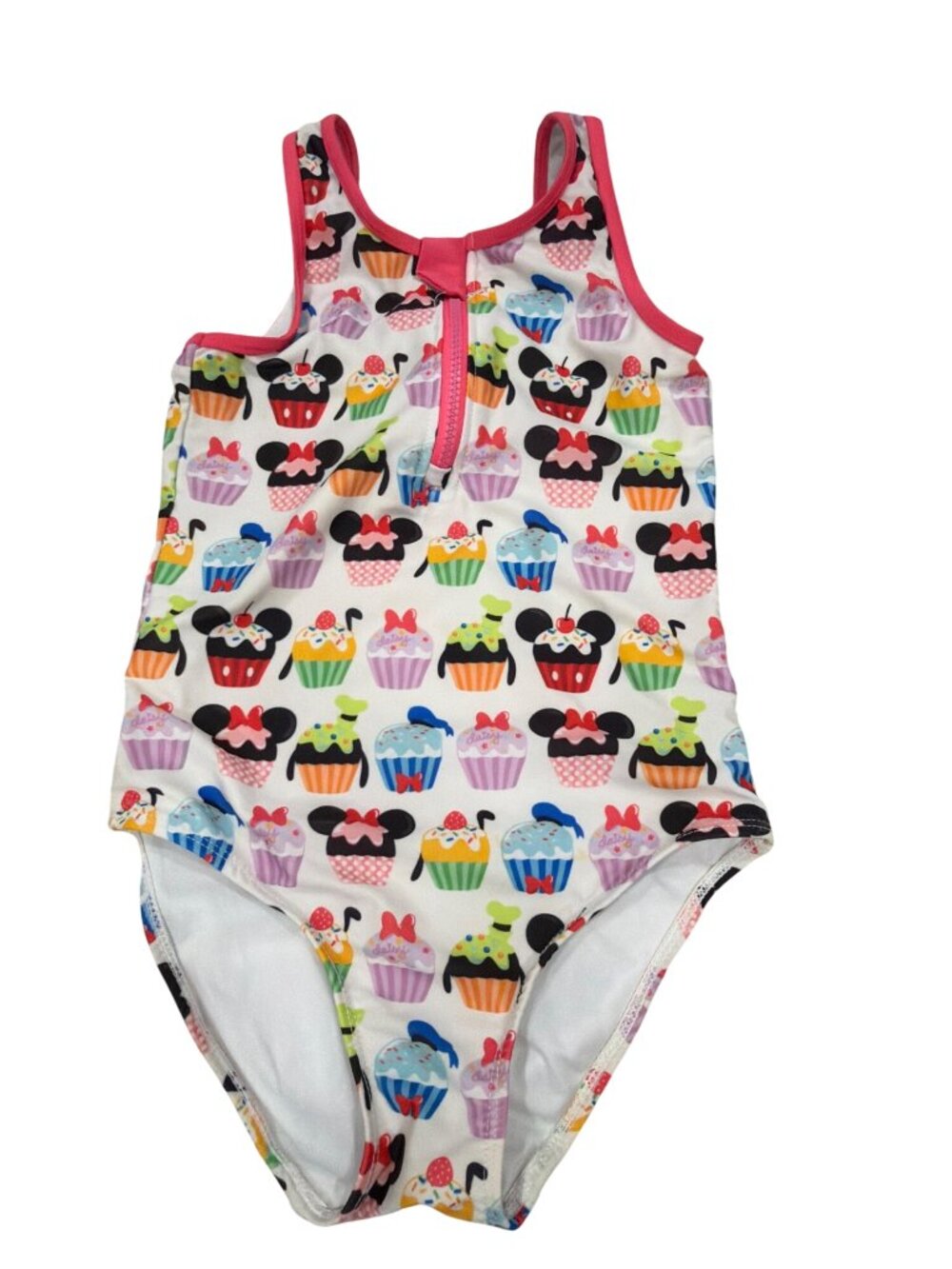Disney Store Girls Minnie Mouse Cupcake Print One-Piece Swimsuit With Pink Trim